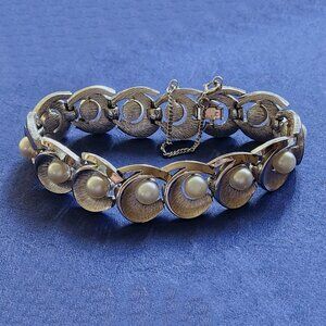 Vintage Crown Trifari Silver Plated Brushed and Shiny Bracelet with Faux Pearls